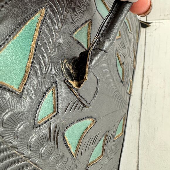 J.L. Saldivar Black Green Floral Tooled Leather Inlay Handcrafted Shoulder Bag - Picture 10 of 11